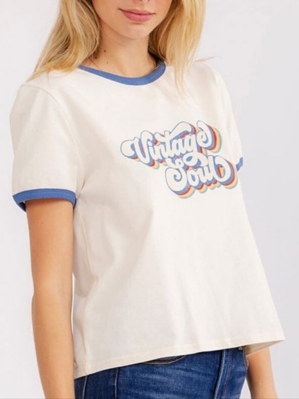 1-0614 "Vintage Soul" Retro Rainbow Ringer Crop Baby Tee in Cream with Blue Trim